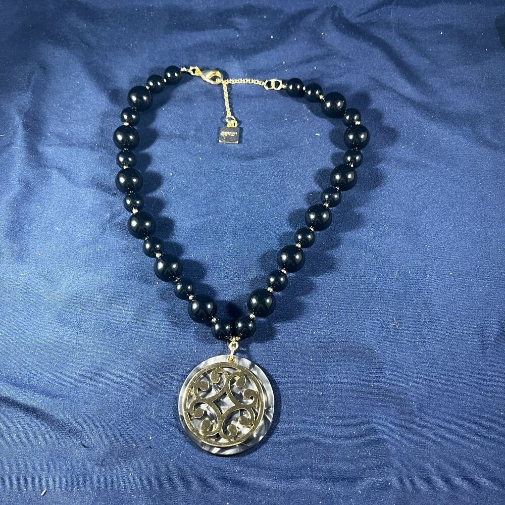 Black Beaded Necklace With Gold & Gray Swirl Pendant By Zenzii
